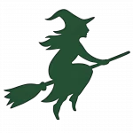 Grüne Silhouette einer Hexe mit spitzem Hut auf einem Besen.