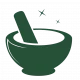 Illustration eines dunkelgrünen Mörsers mit Stößel und funkelnden Sternen.